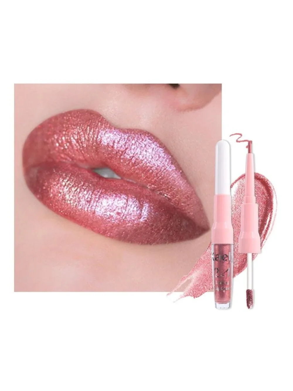 Womens 09# Pink Red-Metallic 2-in-1 Metallic Long Lasting Lipstick And Lip Liner